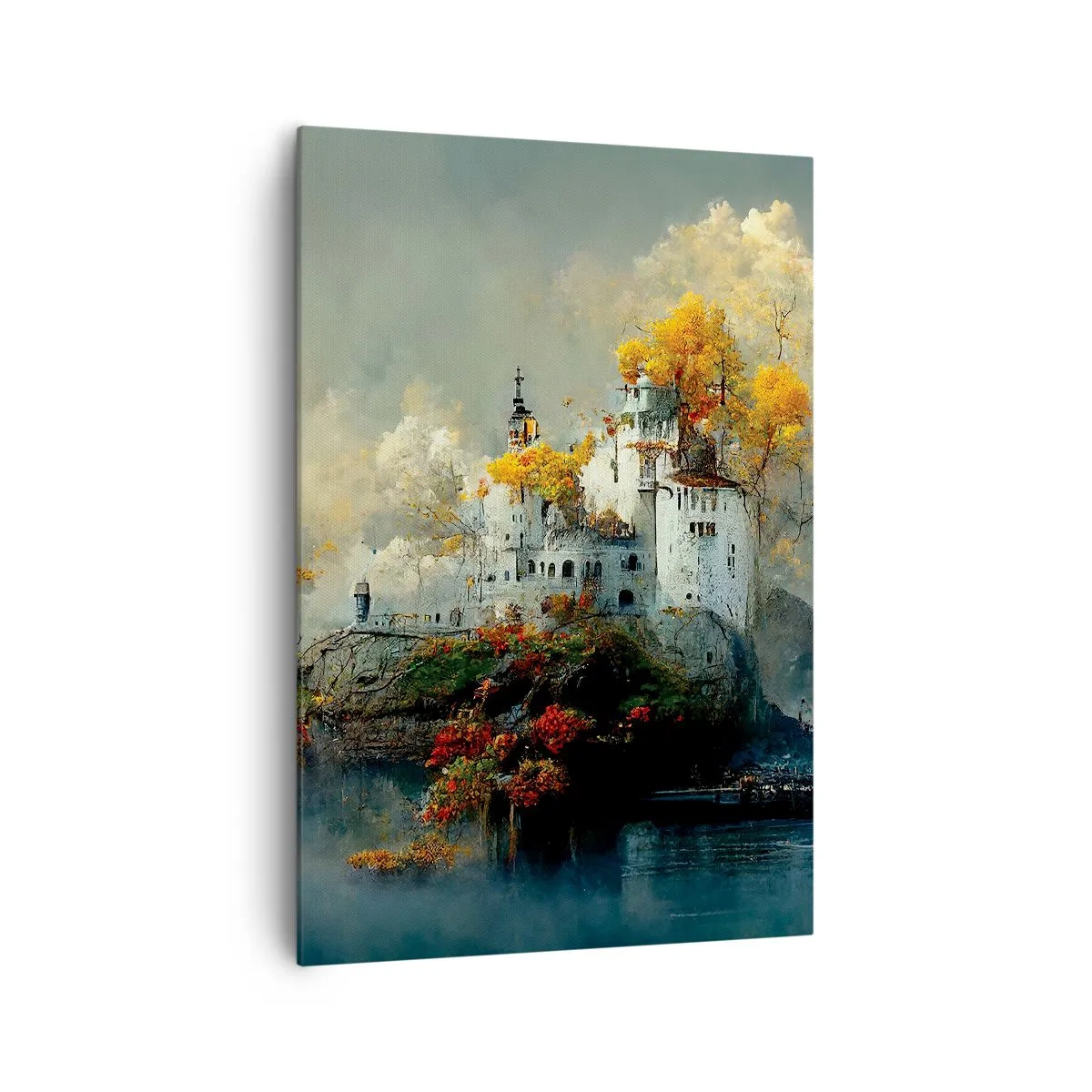 Cuadro sobre lienzo - Impresión de Imagen - Un castillo en una colina rodeado de árboles otoñales. - 70x100cm - El comienzo de una historia romántica - Decoración de pared moderna para salón y dormitorio ARTTOR
