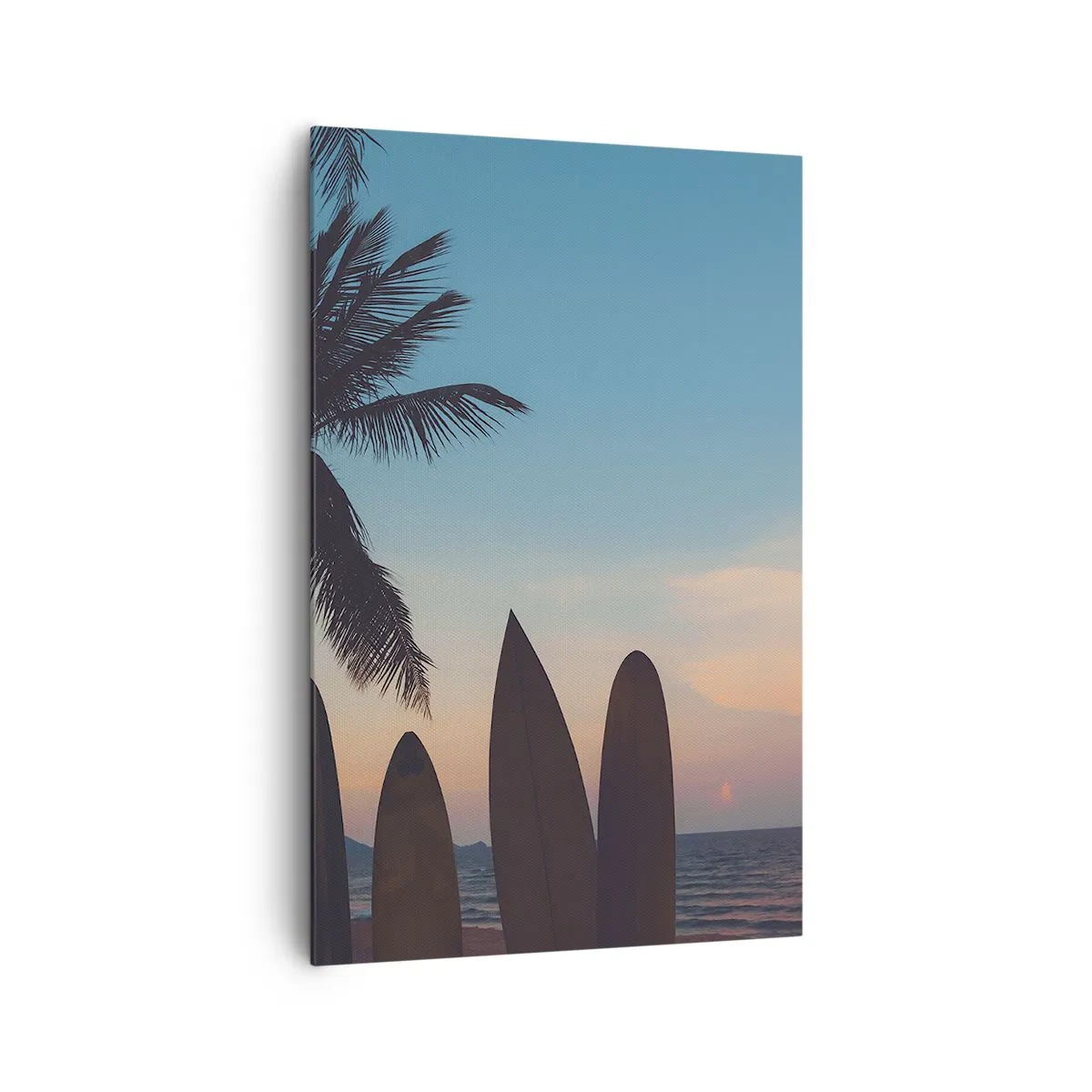 Cuadro sobre lienzo - Impresión de Imagen - Tablas de surf con una palmera y una puesta de sol como telón de fondo - 80x120cm - Mañana también disfrutaremos - Decoración de pared moderna para salón y dormitorio ARTTOR