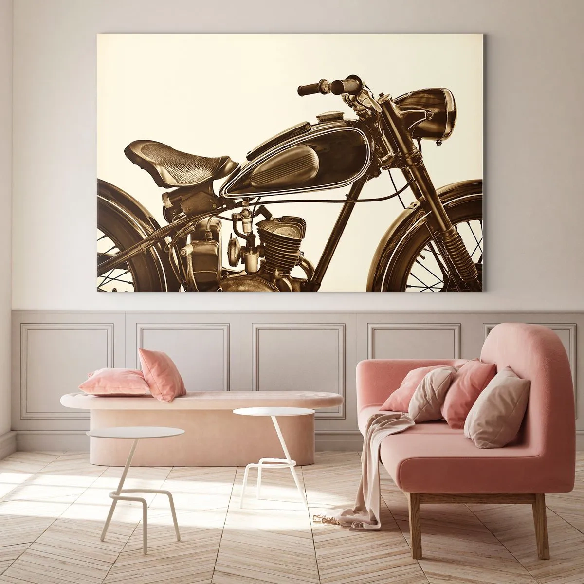 Cuadro sobre vidrio - Impresiones sobre Vidrio - Elegante motocicleta retro en tonos sepia sobre un fondo claro. - 100x70cm - Añoranza de los clásicos - Decoración de pared moderna para salón y dormitorio ARTTOR