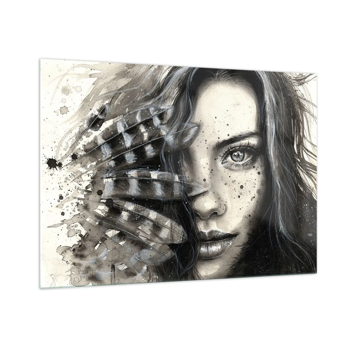 Cuadro sobre vidrio - Impresiones sobre Vidrio - Retrato de una mujer con plumas y detalles abstractos. - 100x70cm - Belleza salvaje - Decoración de pared moderna para salón y dormitorio ARTTOR