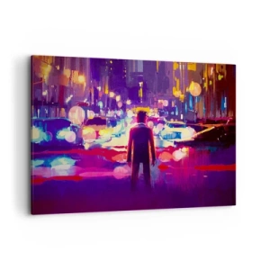 Cuadro sobre lienzo - Impresión de Imagen - Un hombre en una escena nocturna de la ciudad de neón. - 100x70cm - Inmerso en la luz - Decoración de pared moderna para salón y dormitorio ARTTOR