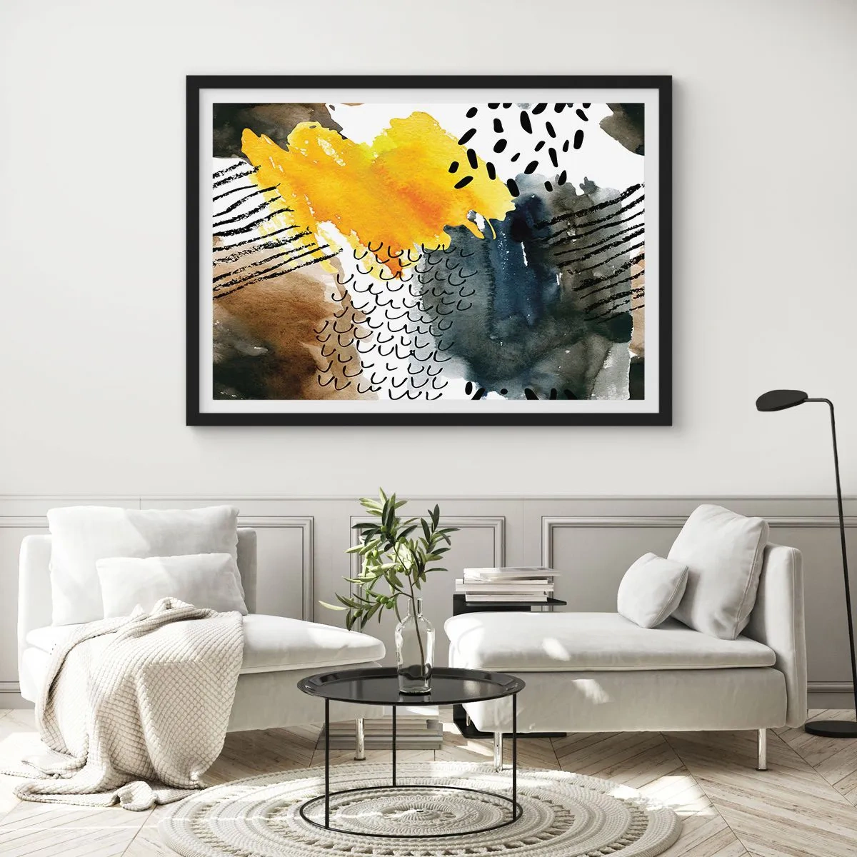 Póster en marco negro - Una composición abstracta con acentos amarillos y patrones gráficos. - 100x70cm - Reunión de los elementos - Decoración de pared moderna para salón y dormitorio ARTTOR