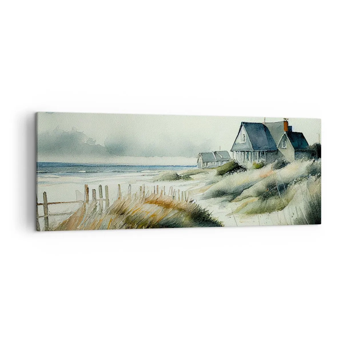 Cuadro sobre lienzo - Impresión de Imagen - Una casa junto al mar rodeada de césped y con vistas al mar. - 140x50cm - Lejos del bullicio - Decoración de pared moderna para salón y dormitorio ARTTOR