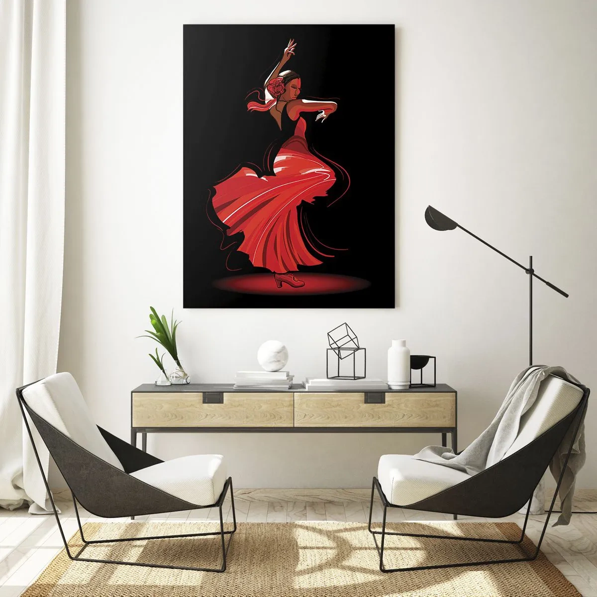 Cuadro sobre vidrio - Impresiones sobre Vidrio - Bailaora de flamenco con vestido rojo sobre fondo negro - 80x120cm - El espíritu ardiente del flamenco - Decoración de pared moderna para salón y dormitorio ARTTOR