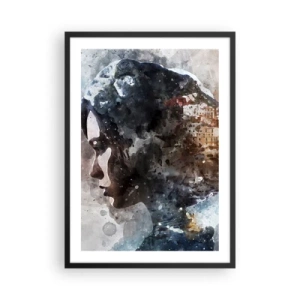 Póster en marco negro - Silueta de una mujer con un paisaje de acuarela de fondo. - 50x70cm - Una historia sobre una niña con una ciudad de fondo - Decoración de pared moderna para salón y dormitorio ARTTOR