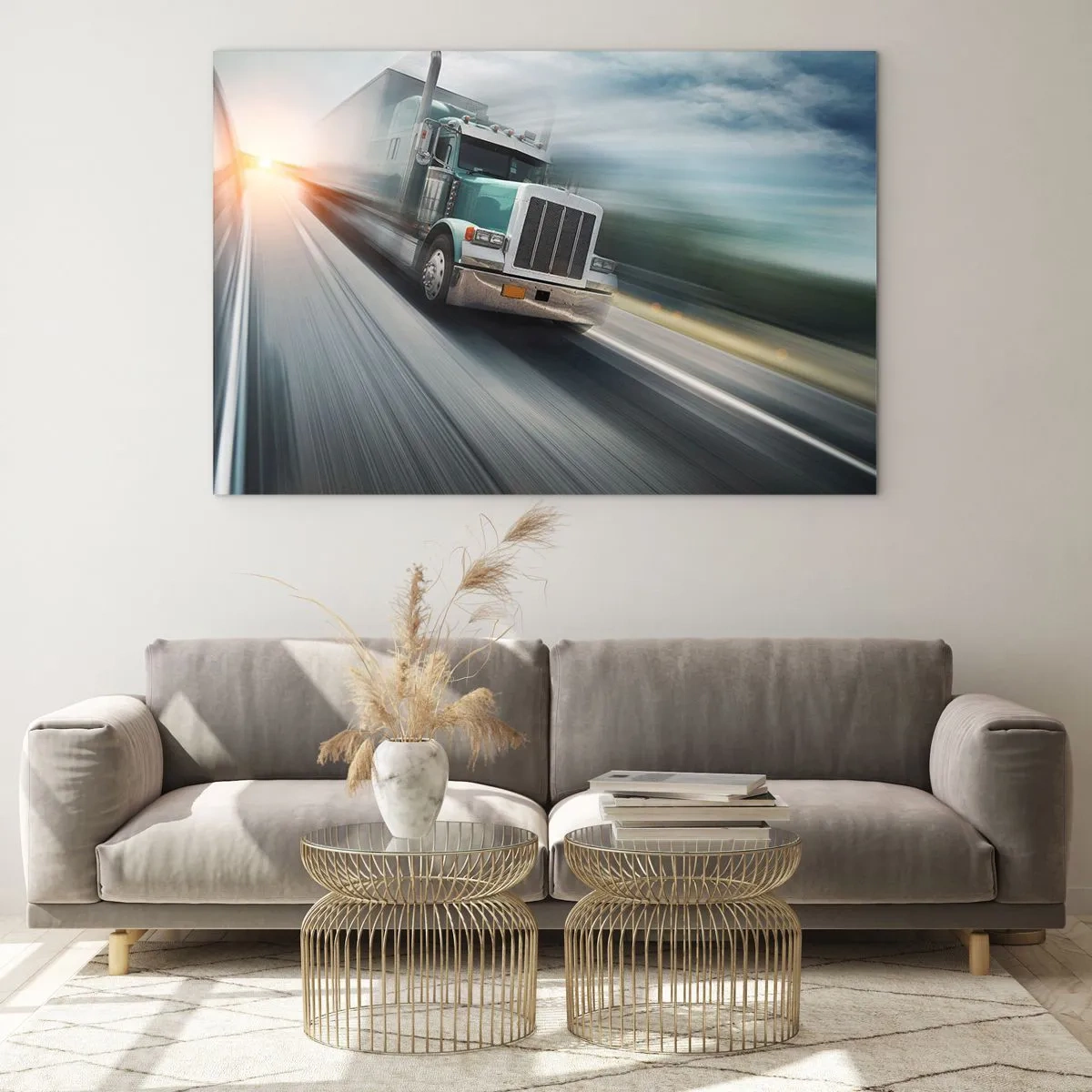 Cuadro sobre vidrio - Impresiones sobre Vidrio - Camión en la carretera al atardecer - 120x80cm - Un gigante norteamericano en apuros - Decoración de pared moderna para salón y dormitorio ARTTOR