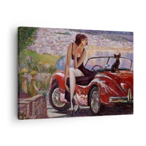 Cuadro sobre lienzo - Impresión de Imagen - Una mujer junto a un coche rojo con un pueblo al fondo - 70x50cm - Paseo veraniego - Decoración de pared moderna para salón y dormitorio ARTTOR