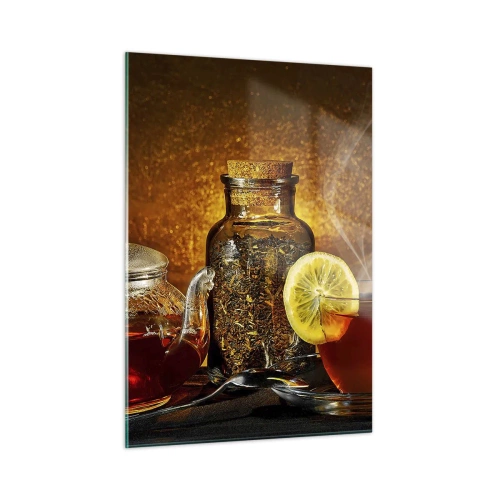 Cuadro sobre vidrio - Impresiones sobre Vidrio - Una tetera de cristal y una taza de té con limón. - 50x70cm - Al estilo de los maestros holandeses - Decoración de pared moderna para salón y dormitorio ARTTOR