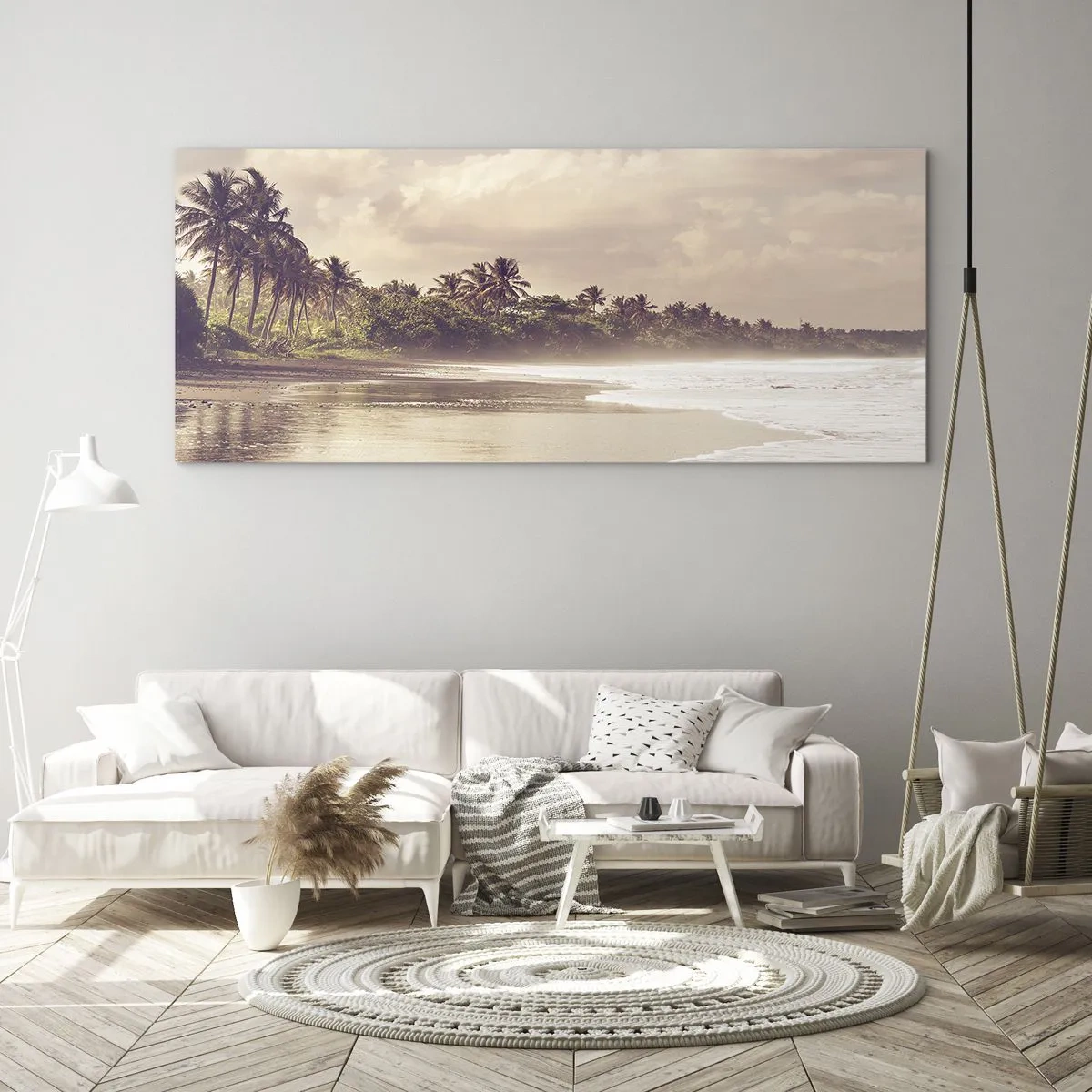 Cuadro sobre vidrio - Impresiones sobre Vidrio - Una playa con palmeras y olas suaves por la mañana. - 160x50cm - La caricia de las olas - Decoración de pared moderna para salón y dormitorio ARTTOR