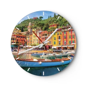 Reloj de pared - Reloj de vidrio - Casas coloridas junto al puerto con barcos en un día soleado - 30x30cm - Mañanas italianas - Decoración de pared moderna para salón, cocina y dormitorio ARTTOR