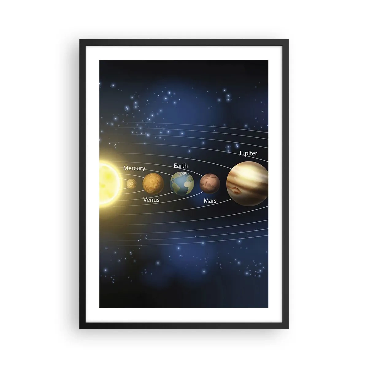Póster en marco negro - El sistema solar con planetas sobre un fondo de estrellas. - 50x70cm - Uno de diez - Decoración de pared moderna para salón y dormitorio ARTTOR