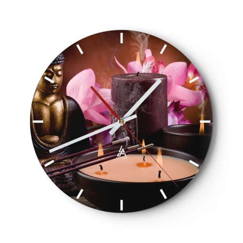 Reloj de pared - Reloj de vidrio - Un conjunto de velas, incienso y una escultura de Buda con flores rosas. - 30x30cm - Despejar la mente, calmar el cuerpo - Decoración de pared moderna para salón, cocina y dormitorio ARTTOR