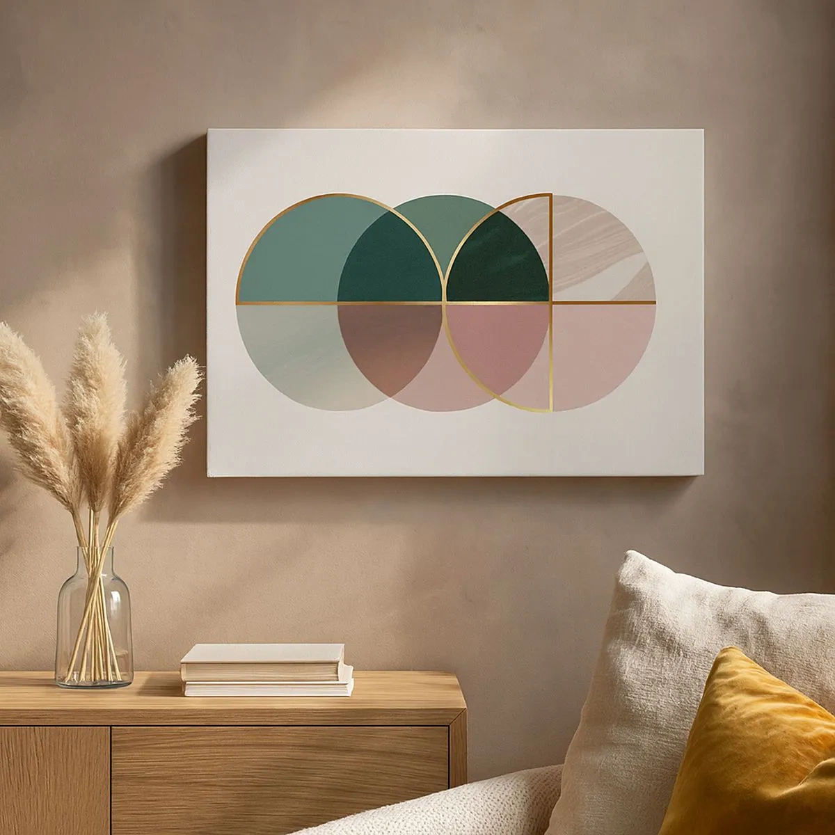 Cuadro sobre lienzo - Impresión de Imagen - Una composición abstracta de formas geométricas y líneas doradas. - 70x50cm - Círculo tras círculo... - Decoración de pared moderna para salón y dormitorio ARTTOR