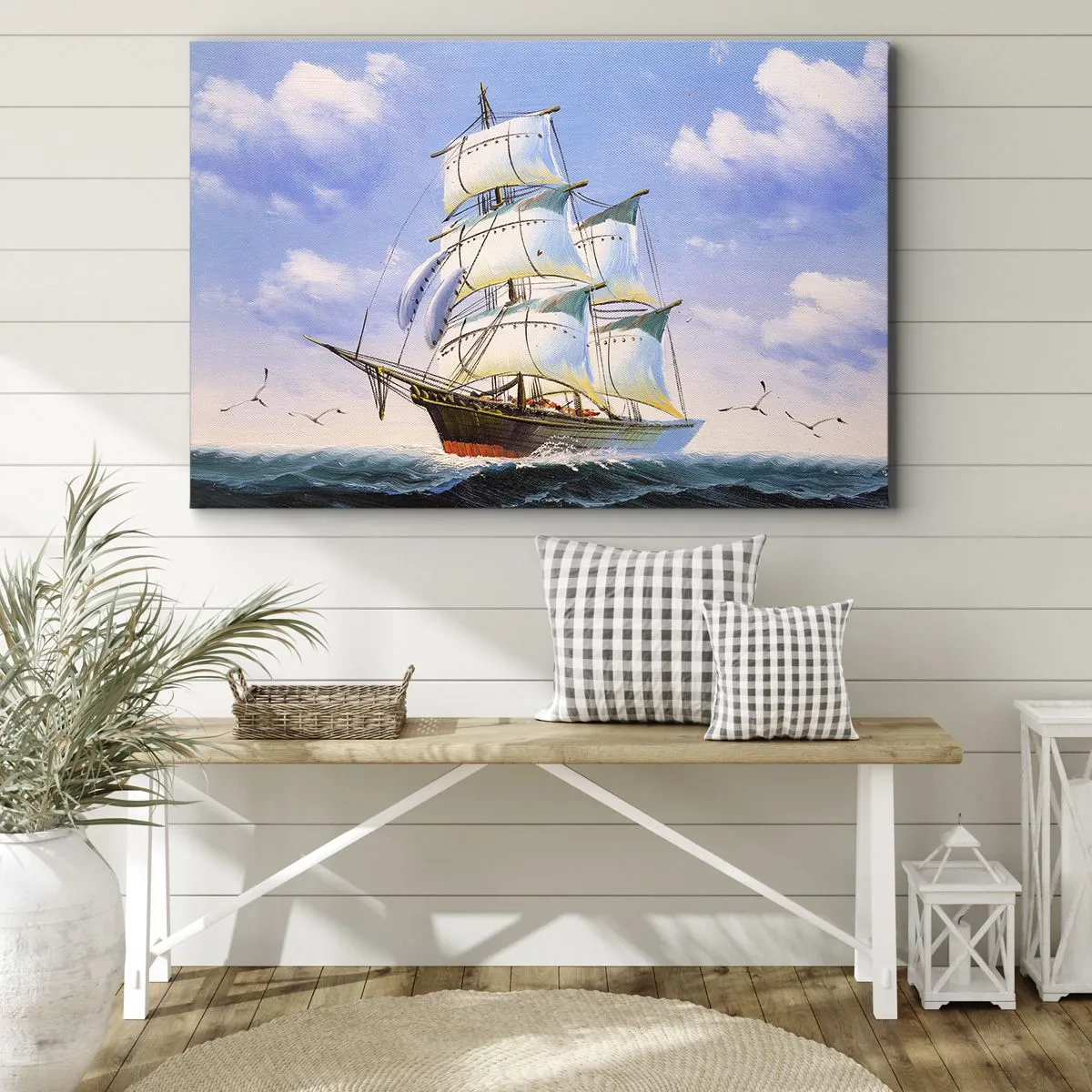 Cuadro sobre lienzo - Impresión de Imagen - Un velero en mar abierto bajo un cielo azul. - 70x50cm - Orgulloso con el viento - Decoración de pared moderna para salón y dormitorio ARTTOR