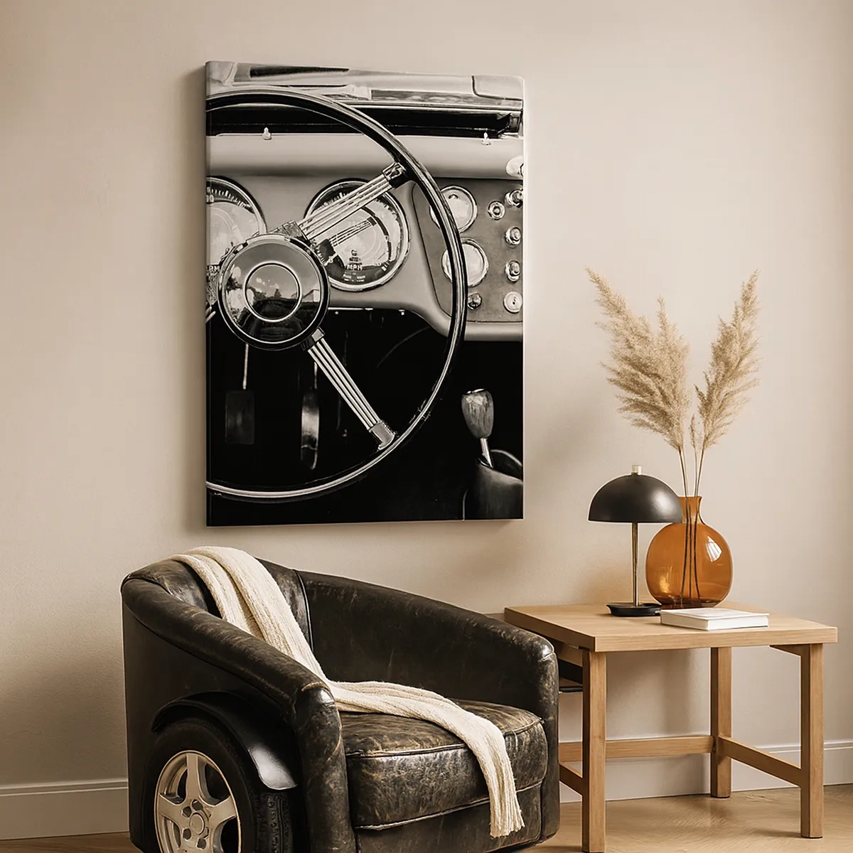 Cuadro sobre lienzo - Impresión de Imagen - Interior de coche clásico en blanco y negro - 50x70cm - El sueño de un coleccionista - Decoración de pared moderna para salón y dormitorio ARTTOR
