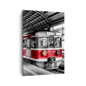 Cuadro sobre lienzo - Impresión de Imagen - Tren rojo en la estación bajo techo. - 50x70cm - ¿El viaje de su vida? - Decoración de pared moderna para salón y dormitorio ARTTOR