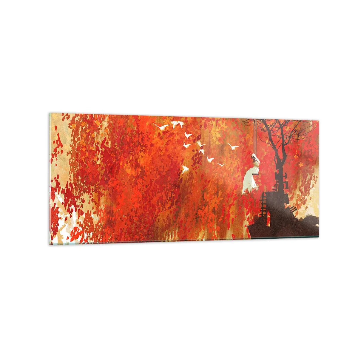 Cuadro sobre vidrio - Impresiones sobre Vidrio - Una figura en un columpio junto a un árbol rodeado de hojas rojas. - 120x50cm - ¿Volará con ellos? - Decoración de pared moderna para salón y dormitorio ARTTOR