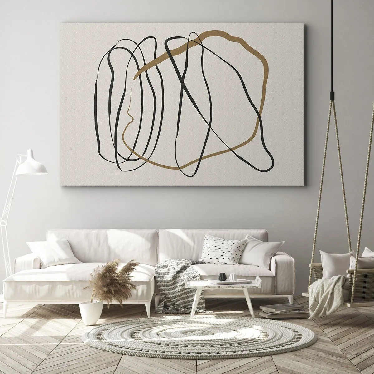Cuadro sobre lienzo - Impresión de Imagen - Líneas artísticas en negro y dorado sobre un fondo claro. - 70x50cm - Composición: danza lineal - Decoración de pared moderna para salón y dormitorio ARTTOR