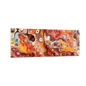 Cuadro sobre vidrio - Impresiones sobre Vidrio - Una composición abstracta en tonos cálidos de rojo, naranja y amarillo. - 140x50cm - Si las nueces se derritieran en la miel - Decoración de pared moderna para salón y dormitorio ARTTOR