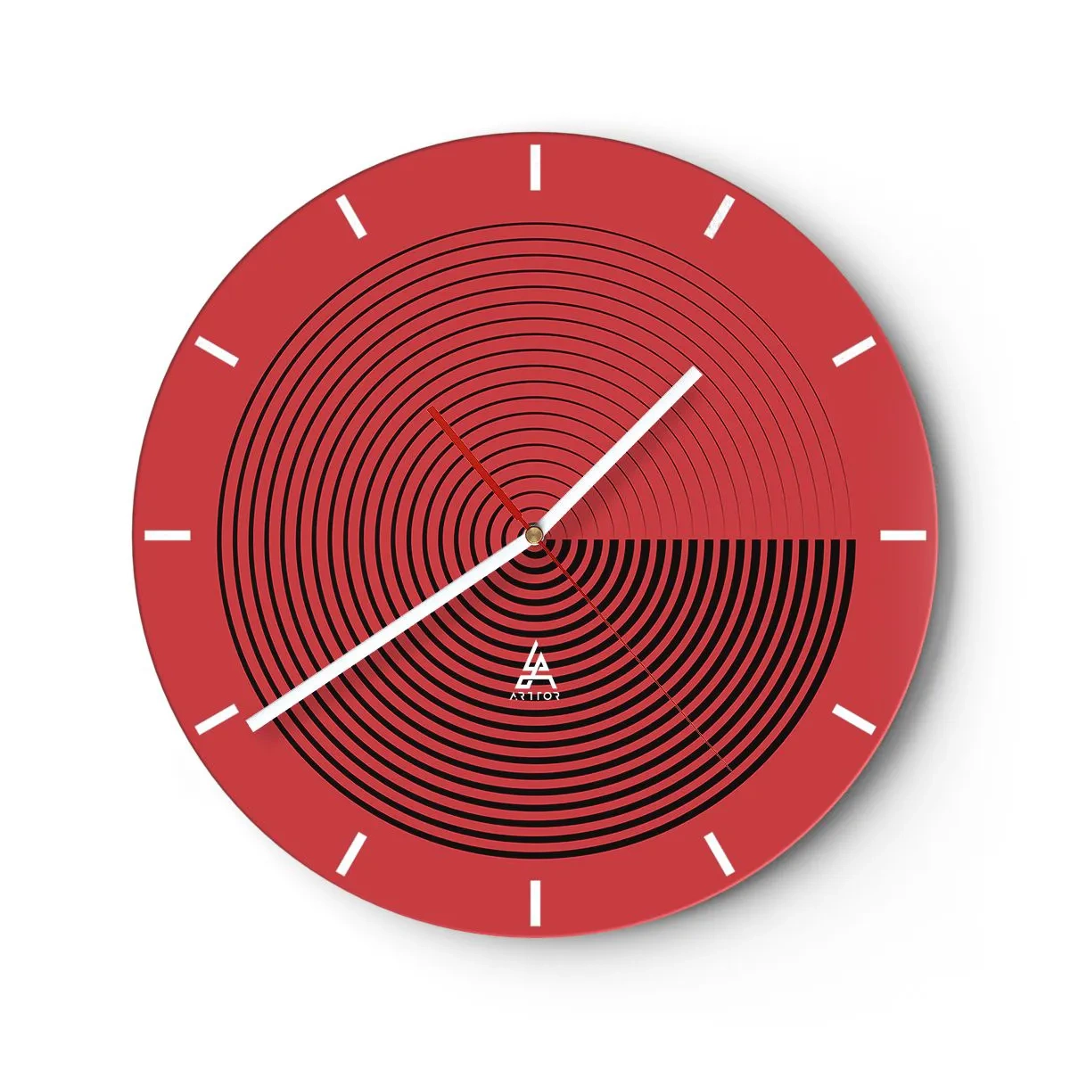 Reloj de pared - Reloj de vidrio - Fondo rojo con círculos concéntricos negros y contraste. - 30x30cm - Movimiento circular - Decoración de pared moderna para salón, cocina y dormitorio ARTTOR
