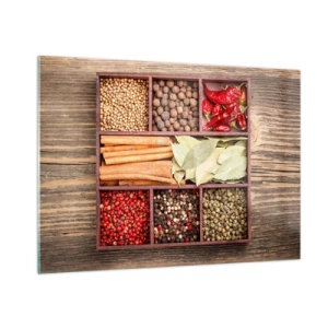 Cuadro sobre vidrio - Impresiones sobre Vidrio - Especias de colores en compartimentos de madera. - 100x70cm - Orden de formas, composición de aromas - Decoración de pared moderna para salón y dormitorio ARTTOR