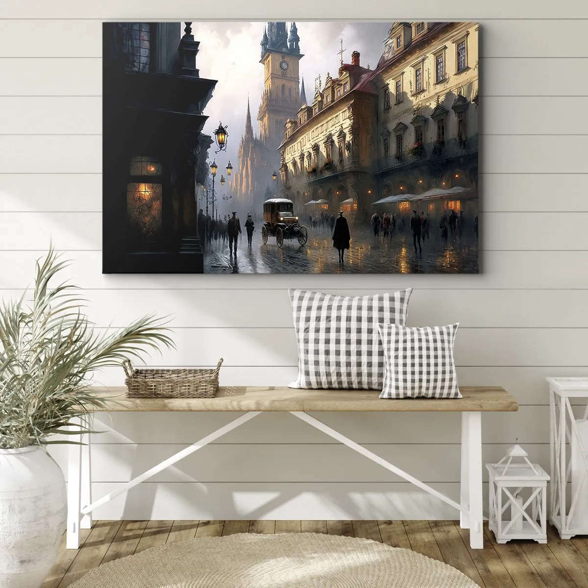 Cuadro sobre lienzo - Impresión de Imagen - Escena callejera nocturna con arquitectura histórica - 70x50cm - La magia de una noche de Praga - Decoración de pared moderna para salón y dormitorio ARTTOR