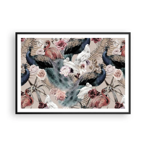 Póster en marco negro - Un paisaje con plumas de pavo real, rosas y pájaros en estilo romántico. - 100x70cm - En un jardín de palacio - Decoración de pared moderna para salón y dormitorio ARTTOR