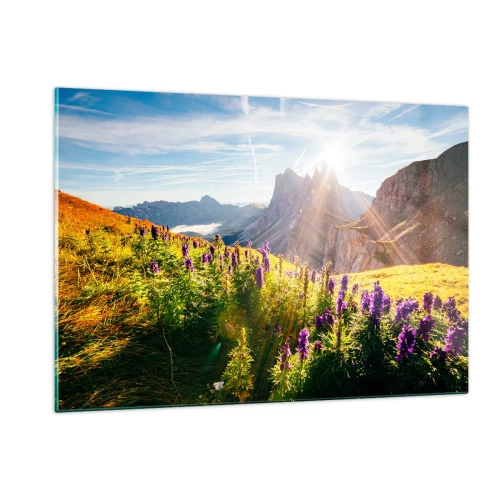 Cuadro sobre vidrio - Impresiones sobre Vidrio - Un prado de montaña lleno de flores con un telón de fondo de picos rocosos al amanecer. - 120x80cm - La vida secreta de las hierbas - Decoración de pared moderna para salón y dormitorio ARTTOR