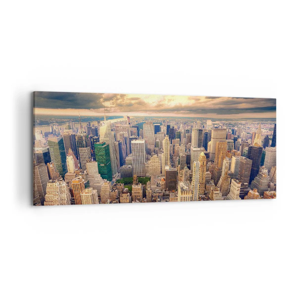 Cuadro sobre lienzo - Impresión de Imagen - Panorama de la ciudad con vistas a los rascacielos al atardecer - 120x50cm - Metrópolis dorada - Decoración de pared moderna para salón y dormitorio ARTTOR