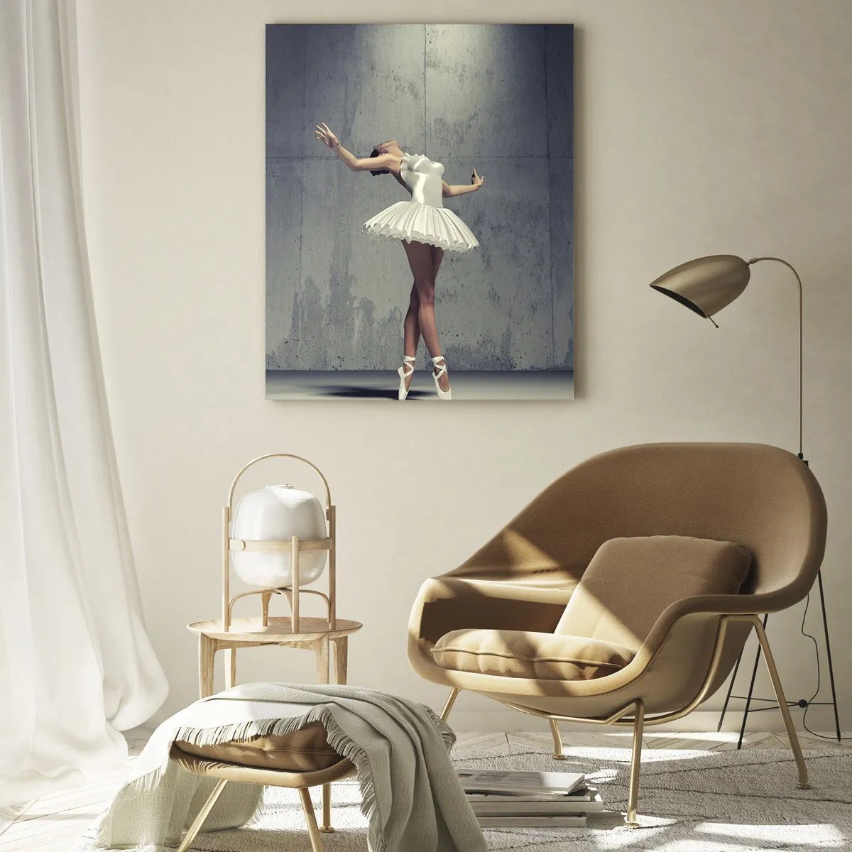 Cuadro sobre vidrio - Impresiones sobre Vidrio - Una bailarina de ballet con un vestido blanco frente a una pared sin rematar. - 80x120cm - Ligero como un pájaro - Decoración de pared moderna para salón y dormitorio ARTTOR