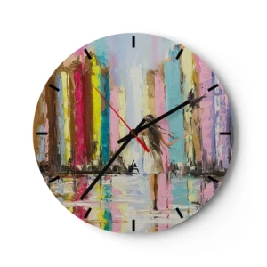 Reloj de pared - Reloj de vidrio - Una mujer con un vestido blanco en un entorno urbano colorido. - 30x30cm - Sígueme - Decoración de pared moderna para salón, cocina y dormitorio ARTTOR