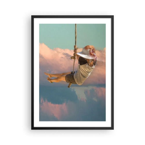 Póster en marco negro - Una mujer en un columpio entre nubes pastel. - 50x70cm - Jugando en las nubes - Decoración de pared moderna para salón y dormitorio ARTTOR