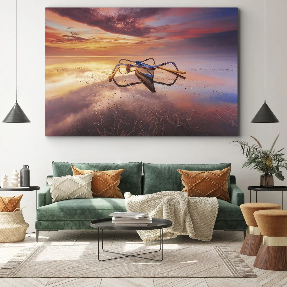 Cuadro sobre lienzo - Impresión de Imagen - Un barco en aguas tranquilas al atardecer. - 70x50cm - Calma de una tarde tropical - Decoración de pared moderna para salón y dormitorio ARTTOR