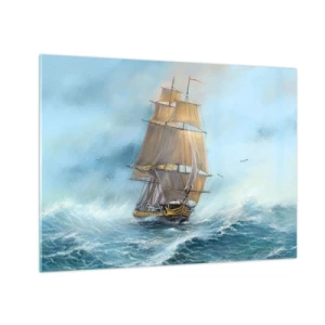 Cuadro sobre vidrio - Impresiones sobre Vidrio - Un velero en un mar tempestuoso en estilo pictórico. - 70x50cm - Surcando las olas - Decoración de pared moderna para salón y dormitorio ARTTOR