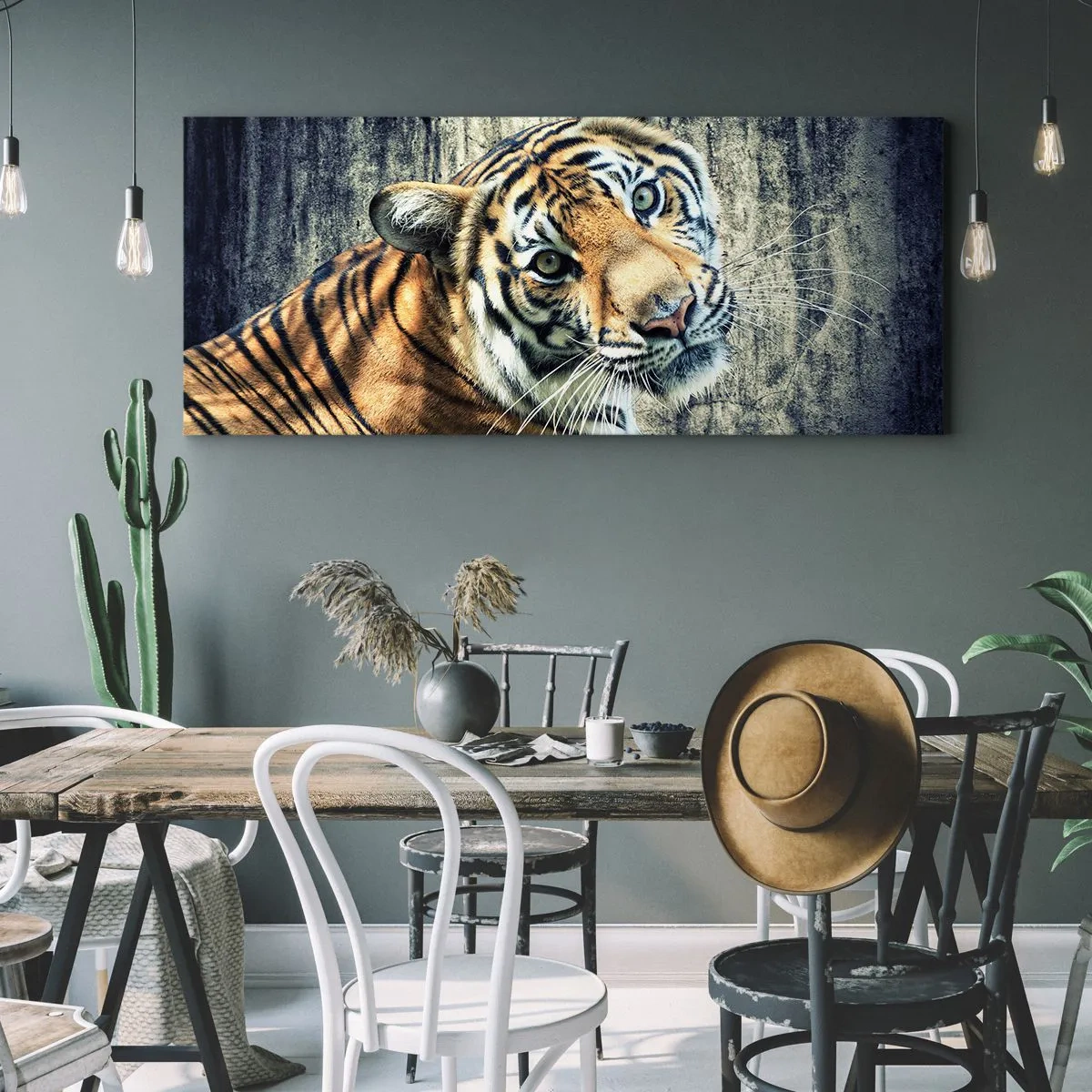 Cuadro sobre lienzo - Impresión de Imagen - Un tigre recostado contra una pared de textura rugosa. - 120x50cm - Retrato en corrientes de luz - Decoración de pared moderna para salón y dormitorio ARTTOR