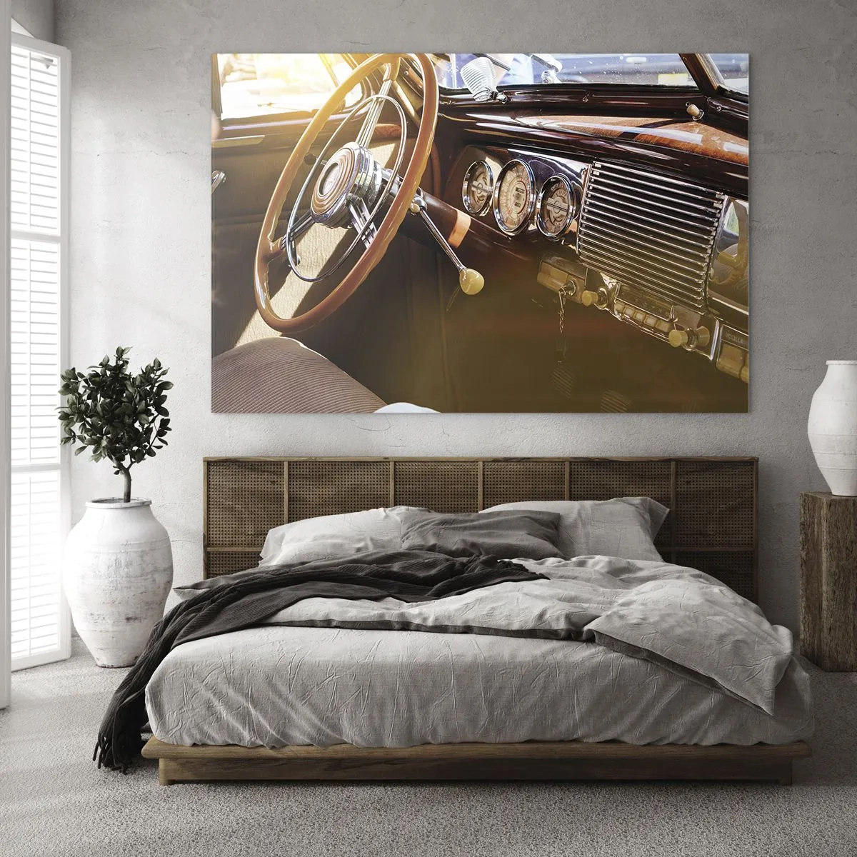 Cuadro sobre vidrio - Impresiones sobre Vidrio - Interior de un coche clásico con volante de madera. - 100x70cm - Un soplo de lujo del pasado - Decoración de pared moderna para salón y dormitorio ARTTOR