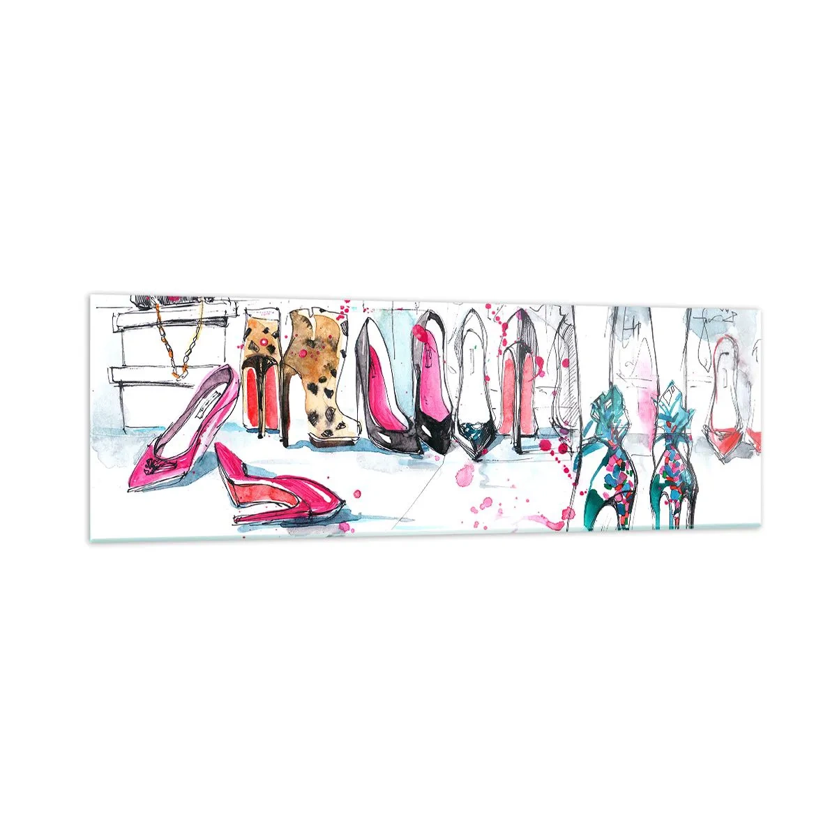 Cuadro sobre vidrio - Impresiones sobre Vidrio - Gráficos artísticos con tacones altos y accesorios. - 160x50cm - Ábrete, sésamo - Decoración de pared moderna para salón y dormitorio ARTTOR