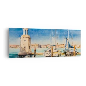 Cuadro sobre lienzo - Impresión de Imagen - Puerto deportivo con barcos con el fondo de una laguna azul - 140x50cm - Laguna soleada - Decoración de pared moderna para salón y dormitorio ARTTOR