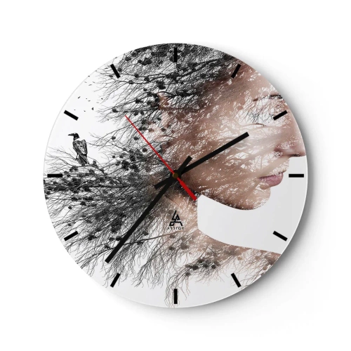 Reloj de pared - Reloj de vidrio - Perfil artístico de mujer con motivo de ramas y pájaros sobre fondo blanco. - 30x30cm - Espíritu del bosque - Decoración de pared moderna para salón, cocina y dormitorio ARTTOR