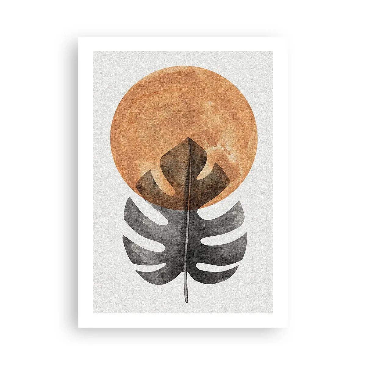 Póster - Una hoja de monstera sobre un círculo naranja cálido. - 50x70cm - Siempre el sol - Decoración de pared moderna para salón y dormitorio ARTTOR