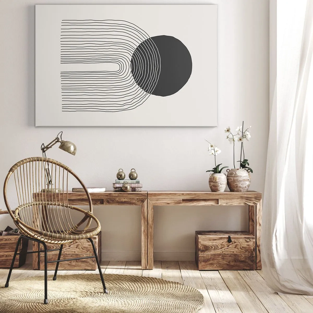 Cuadro sobre lienzo - Impresión de Imagen - Patrón abstracto con líneas y un círculo negro sobre un fondo claro - 70x50cm - Temblor y certeza - Decoración de pared moderna para salón y dormitorio ARTTOR