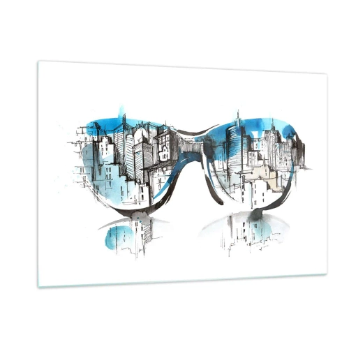 Cuadro sobre vidrio - Impresiones sobre Vidrio - El panorama de la ciudad reflejado en las gafas de sol - 120x80cm - La elegancia de la gran ciudad - Decoración de pared moderna para salón y dormitorio ARTTOR