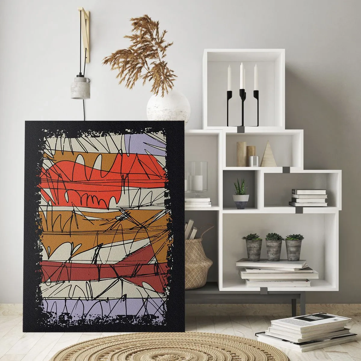 Cuadro sobre vidrio - Impresiones sobre Vidrio - Abstracción gráfica con rayas de colores y líneas negras. - 50x70cm - Composición espontánea - Decoración de pared moderna para salón y dormitorio ARTTOR