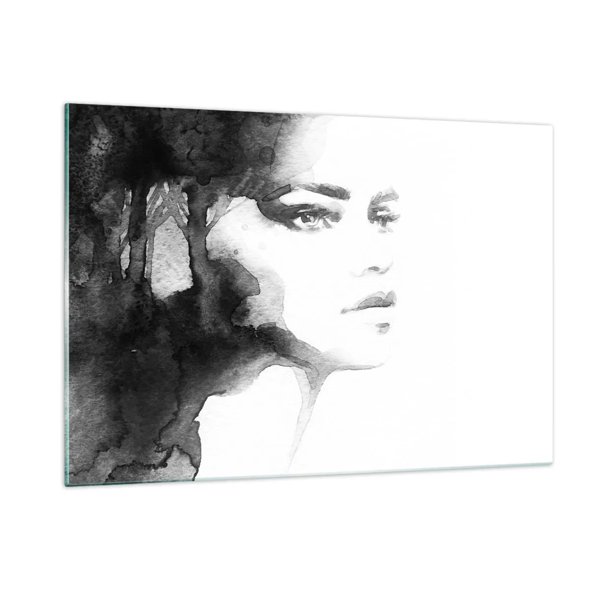 Cuadro sobre vidrio - Impresiones sobre Vidrio - Retrato en acuarela en blanco y negro de una mujer - 120x80cm - Hecho de misterio y niebla - Decoración de pared moderna para salón y dormitorio ARTTOR
