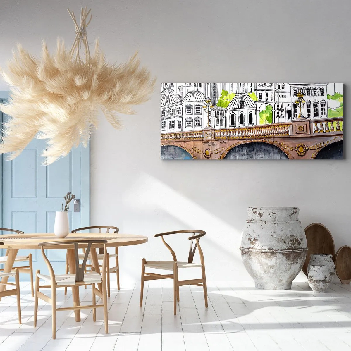 Cuadro sobre lienzo - Impresión de Imagen - Dibujo del puente y arquitectura urbana histórica - 120x50cm - Una ciudad de dibujo - Decoración de pared moderna para salón y dormitorio ARTTOR