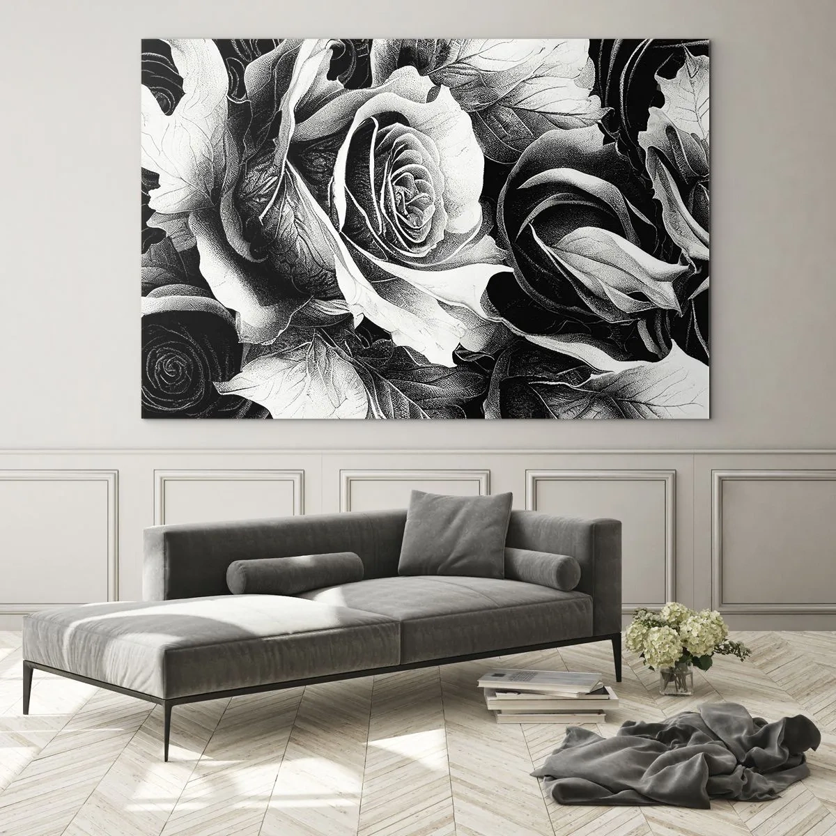 Cuadro sobre vidrio - Impresiones sobre Vidrio - Arreglo floral de rosas blancas y negras con detalles. - 120x80cm - Siempre como una reina - Decoración de pared moderna para salón y dormitorio ARTTOR