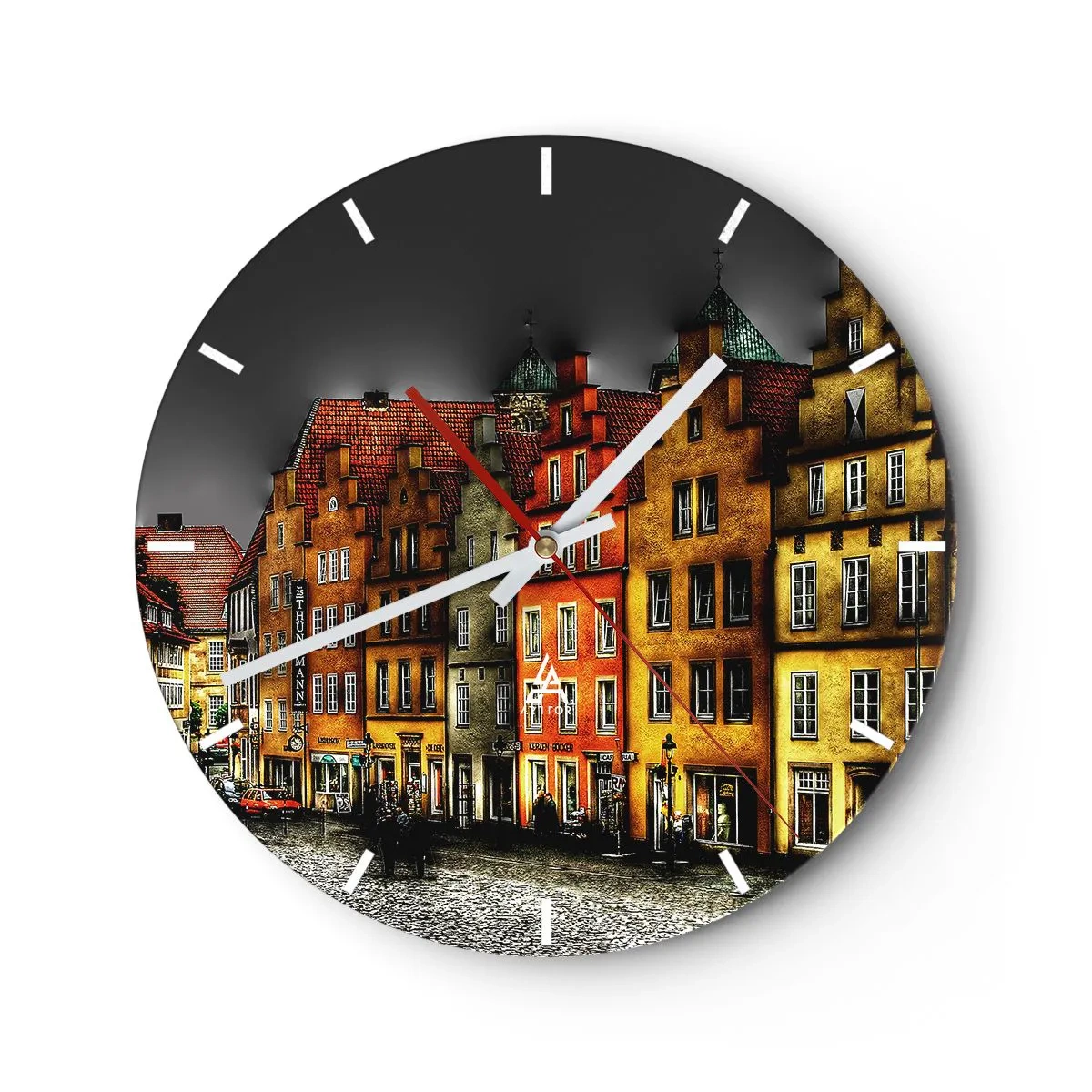 Reloj de pared - Reloj de vidrio - Casas de vecindad coloridas contra el cielo oscuro - 30x30cm - Solo falta un carruaje encantado - Decoración de pared moderna para salón, cocina y dormitorio ARTTOR
