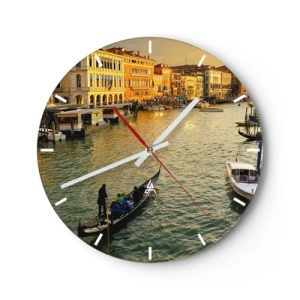 Reloj de pared - Reloj de vidrio - Un canal en Venecia con góndolas y edificios iluminados. - 30x30cm - En el lado soleado de la calle - Decoración de pared moderna para salón, cocina y dormitorio ARTTOR