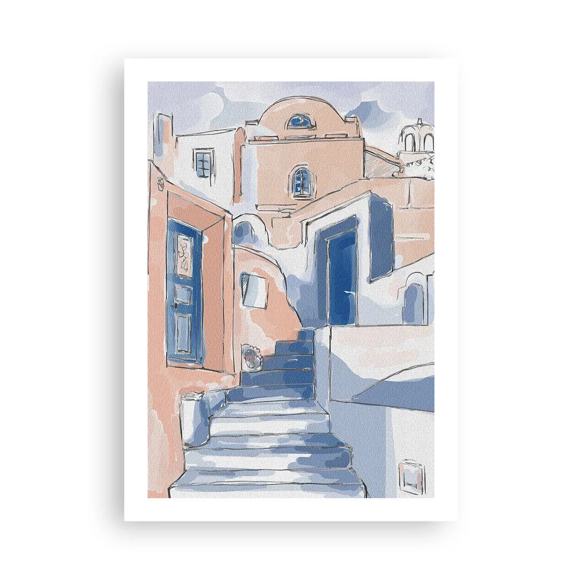 Póster - Una pintoresca calle de estilo mediterráneo en tonos azules. - 50x70cm - Ciudad exótica - Decoración de pared moderna para salón y dormitorio ARTTOR