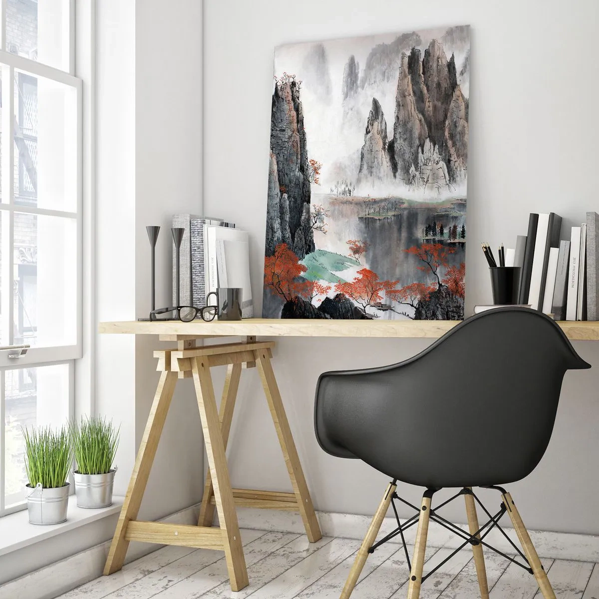 Cuadro sobre vidrio - Impresiones sobre Vidrio - Un pintoresco paisaje montañoso con picos brumosos y árboles rojos. - 50x70cm - Poderosos guardianes - Decoración de pared moderna para salón y dormitorio ARTTOR